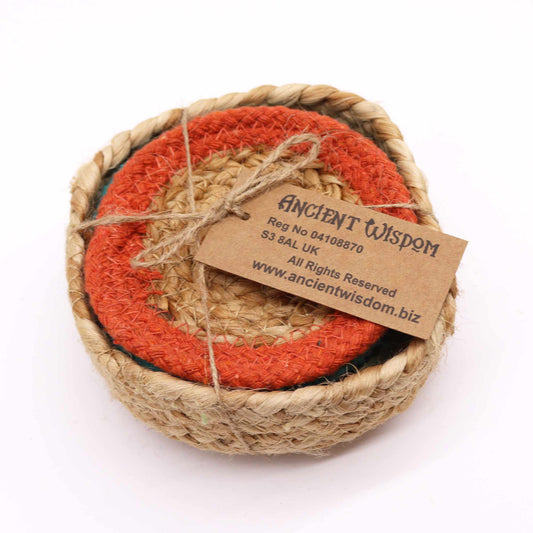 Natural Coaster - Jute & Cotton 10cm set of 6 Mixed colours in basket