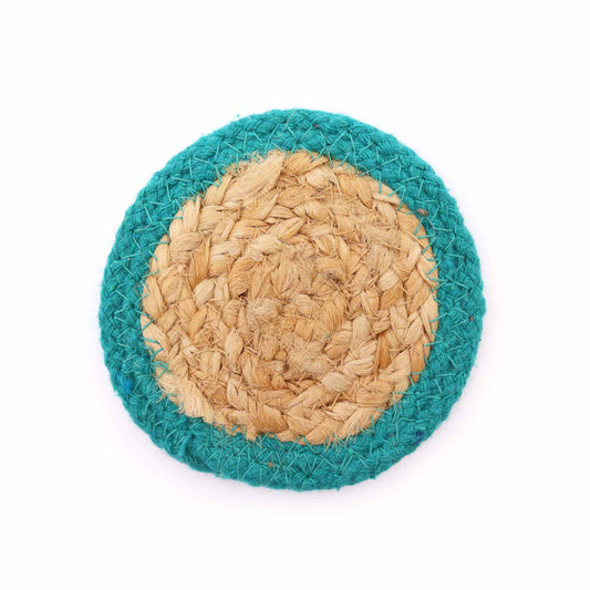 Natural Coaster - Jute & Cotton 10cm set of 4 - Teal Boarder