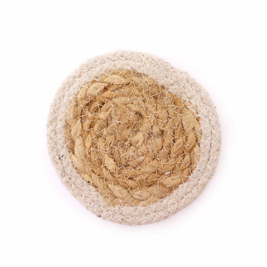 Natural Coaster - Jute & Cotton 10cm set of 4 - Ivory Boarder